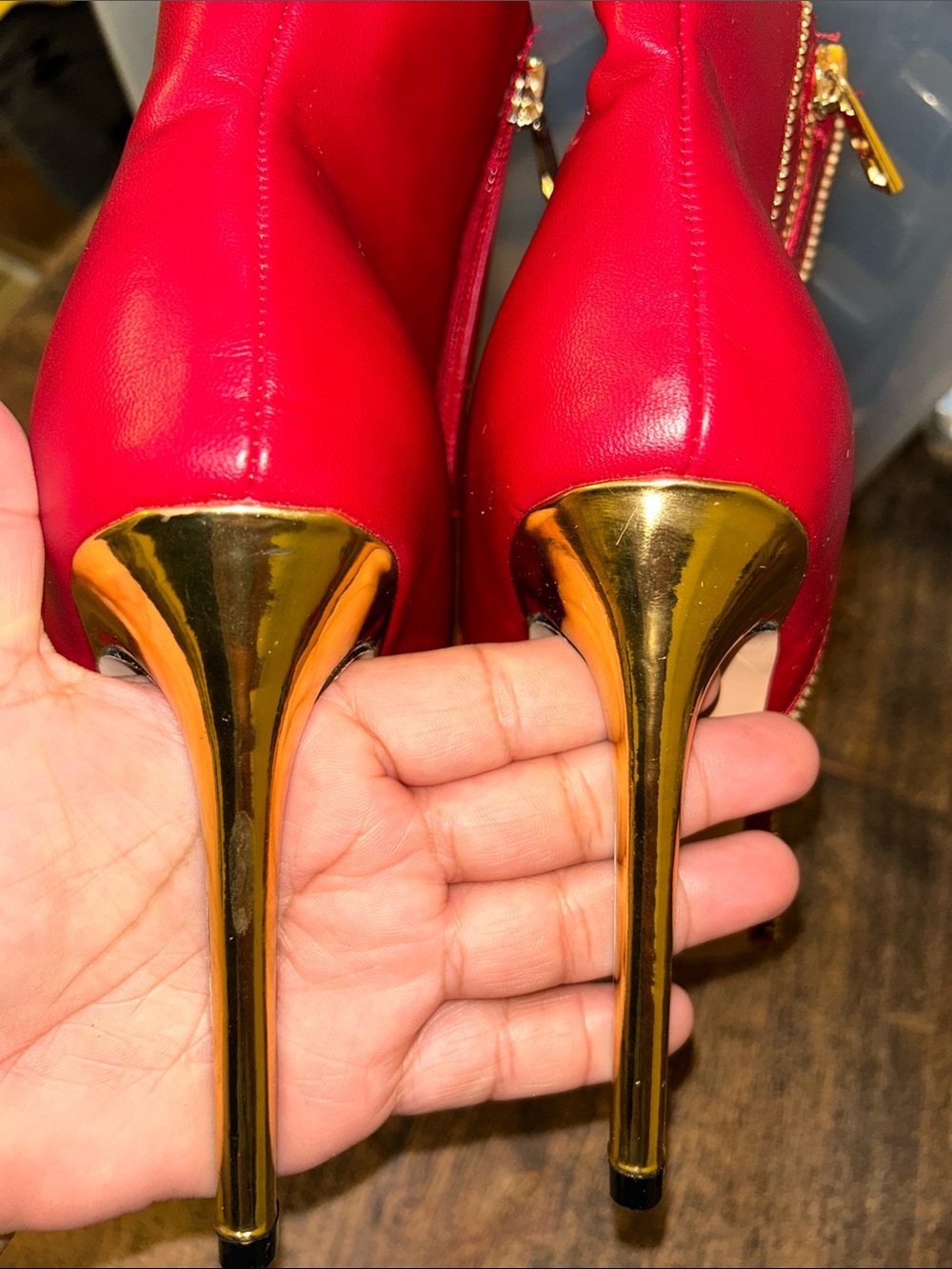 Catherine Malandrino Red Pointed-Toe Stiletto Ankle Boots with Gold Accents - Picture 5 of 6